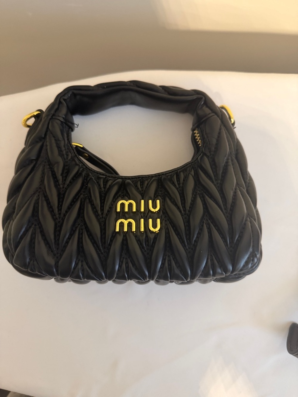 Miu Miu Black Quilted Matelassé Shoulder Bag with Gold Hardware